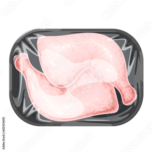 Chicken legs in plastic tray vector illustration. Cartoon isolated vacuum container with fresh uncooked whole broiler legs with skin, supermarket food package wrap with polyethylene for bird parts