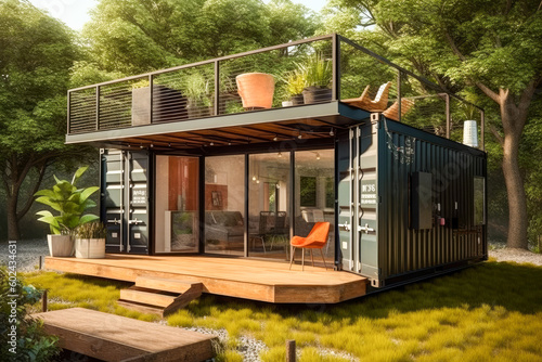 Container modular portable house with solar panels and porch. Concept. Generative AI