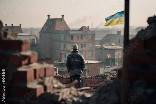 Unrecognizable man observing a city from a construction site near a Ukrainian flag, generative AI