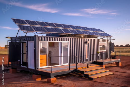 Container modular portable house with solar panels and porch. Concept. Generative AI © MVProductions