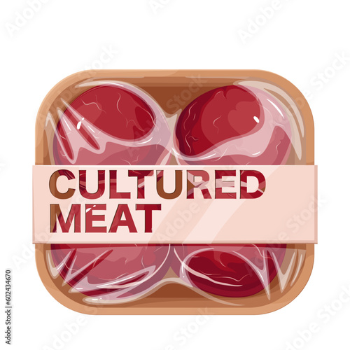 Cultured meat steaks in package vector illustration. Cartoon isolated lab grown couple of red beef slices in supermarket polystyrene tray with label, bio food product growing from animal cells