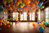 colorful balloons in a room with windows generative ai