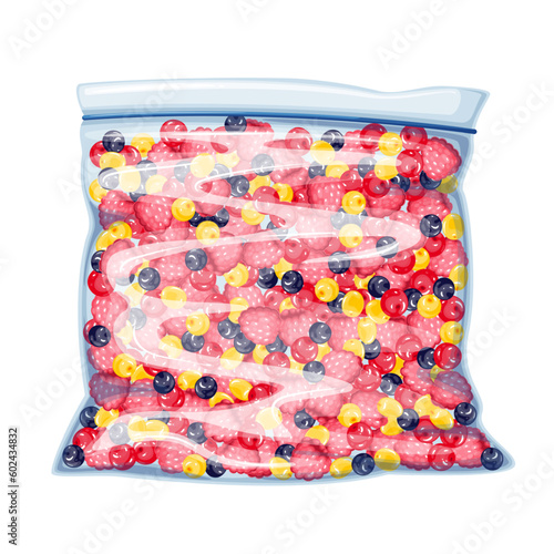 Frozen berry mix in plastic bag vector illustration. Cartoon isolated mixed vitamin raspberry and cranberry, blueberry and sea buckthorn in zip package for keeping in fridge, frozen summer fruits