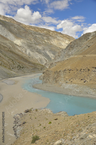 Conjunction of the Zanskar and Indus rivers flowing in between beautiful dry mountains in Nimmu Valley, Ladakh, INDIA. 