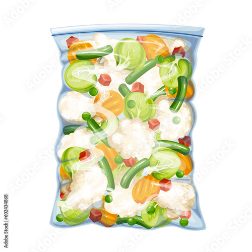 Frozen vegetable mix in plastic bag vector illustration. Cartoon isolated frozen mixed vitamin summer cauliflower and Brussels sprouts, green beans and peas, carrot pieces and potato slices with ice