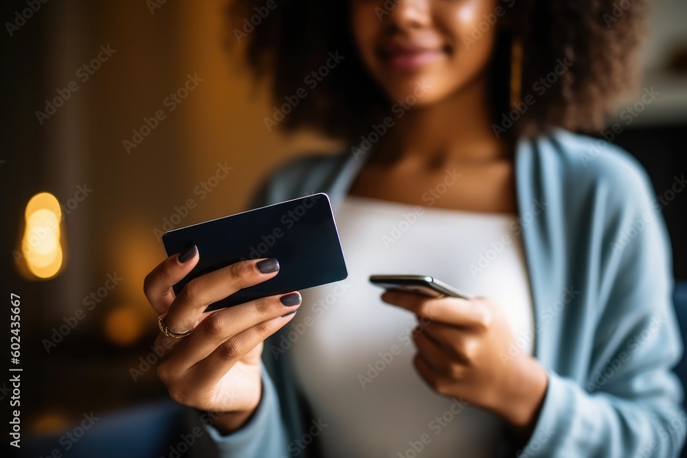 A woman holding a smart phone and a remote control in her hand Generative AI