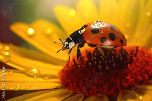 A ladybug on a flower with water droplets on it Generative AI