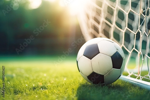 Soccer ball sitting in a goal, closeup, generative AI