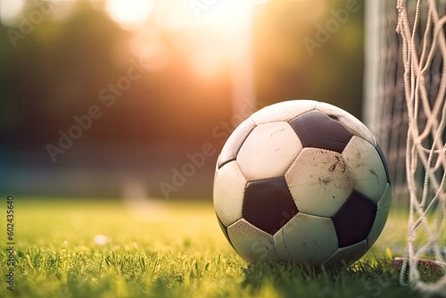 Soccer ball sitting in a goal, closeup, generative AI