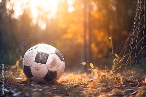 Soccer ball sitting in a goal, nature background, sunset, generative AI