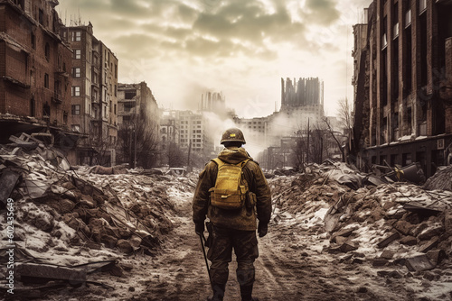 Soldier from the back in a city destroyed by war. Generative AI.