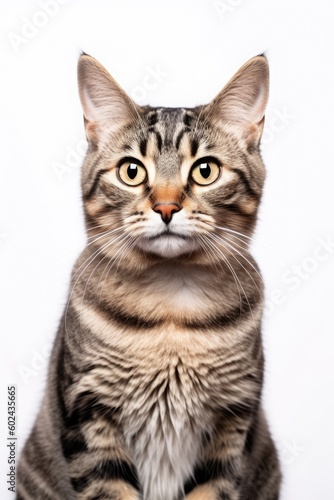 A cat with yellow eyes sits in front of a white background Generative AI © FryArt Studio