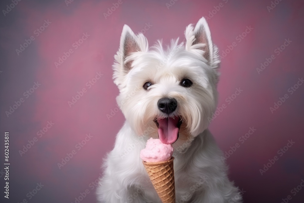Portrait nice dog dog eating ice cream. west highland white terrier Generative AI Portrait nice dog dog eating ice cream. west highland white terrier Generative AI