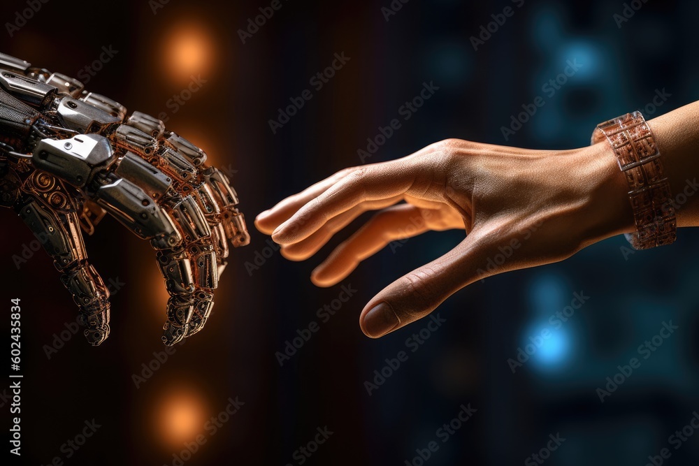 robot hand reaching up to a light brown human hand Generative AI