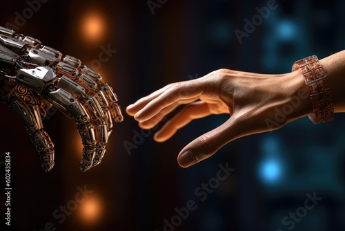 robot hand reaching up to a light brown human hand Generative AI © FryArt Studio