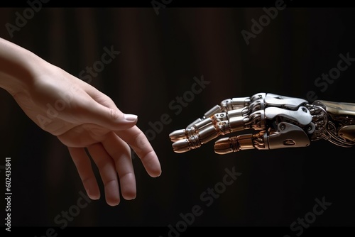 robot hand reaching up to a light brown human hand Generative AI
