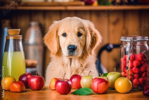 A golden retriever dog sits behind a table with apples and other fruits Generative AI