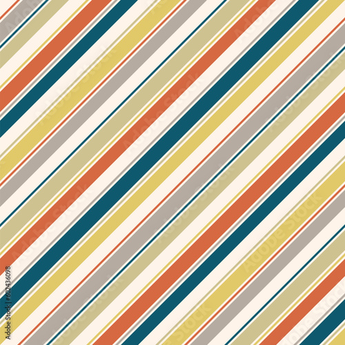 Diagonal stripes vector seamless pattern. Simple texture in trendy pastel colors, gold, teal, beige, orange, coffee. Abstract striped background with parallel slanted lines. Repeatable geo design