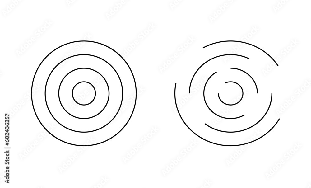 Circular ripple icons. Concentric circles with whole and broken lines isolated on white background. Vortex, sonar wave, soundwave, sunburst, signal signs - obrazy, fototapety, plakaty 