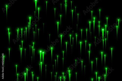 Glowing green dots with long trailing tails looking like fireworks and meteor shower. Illustration as a design element for web design backgrounds and slide show templates