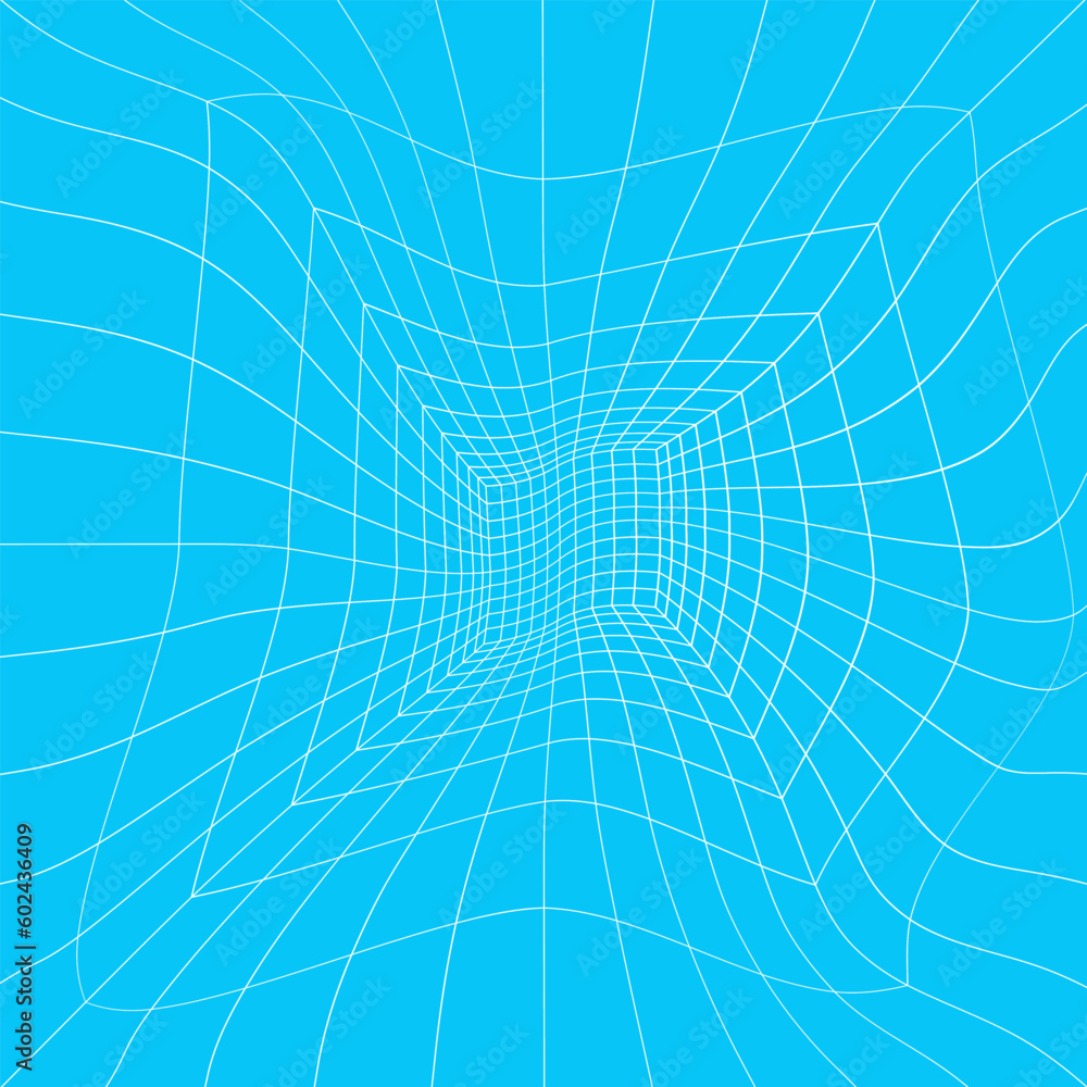 Distorted white square room wireframe in perspective on blue background. Hallway, studio, portal or box warped grid structure. Engineering, architecting or technical scheme Distorted white square room wireframe in perspective on blue background. Hallway, studio, portal or box warped grid structure. Engineering, architecting or technical scheme