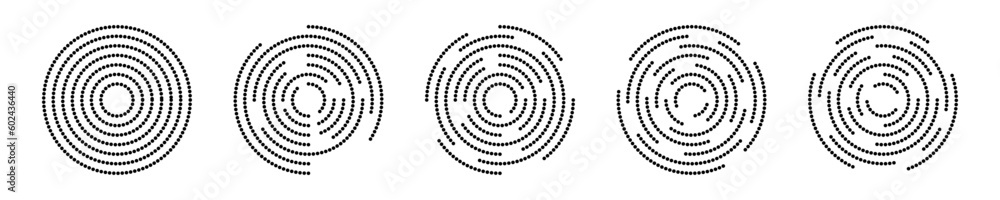 Circular ripple icons pack. Concentric circles with polka dot interrupted lines. Vortex, sonar or sound wave, sunburst, signal signs isolated on white background Circular ripple icons pack. Concentric circles with polka dot interrupted lines. Vortex, sonar or sound wave, sunburst, signal signs isolated on white background