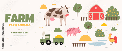 Village farm in cartoon style. Funny cow, pig, rooster and tractor. Template for use in banner design for village festivals, children's books. Funny vector illustration on isolated background.