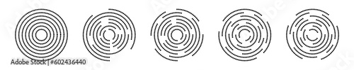 Circular ripple icons pack. Concentric circles with polka dot interrupted lines. Vortex, sonar or sound wave, sunburst, signal signs isolated on white background