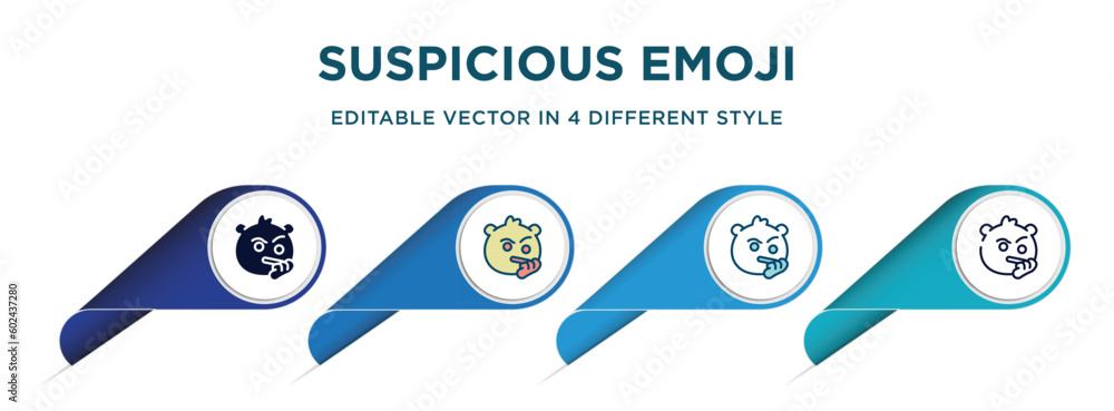 suspicious emoji icon in 4 different styles such as filled, color, glyph, colorful, lineal color. set of vector for web, mobile, ui suspicious emoji icon in 4 different styles such as filled, color, glyph, colorful, lineal color. set of vector for web, mobile, ui
