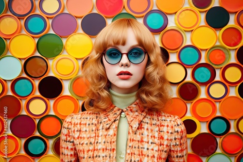 A girl wearing colourful fashion on colorful circles backgrounds, in the style of vintage modernism, bio-art, the 1960s, optical, photo taken with Provia, contemporary candy - coated. Generative ai