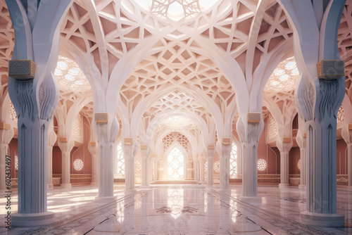 Islamic architecture interior, tessellation, pillars, columns, mosque, palace. Generative AI