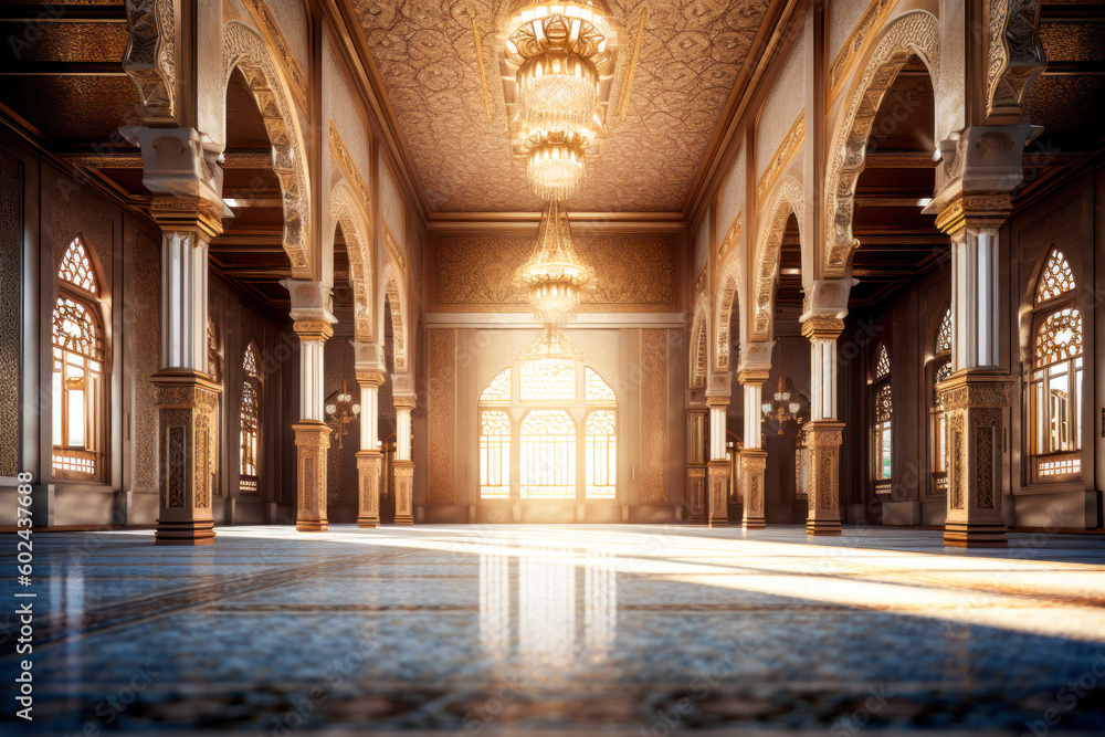 Fototapeta premium Islamic architecture interior, pillars, columns, mosque, palace. Generative AI