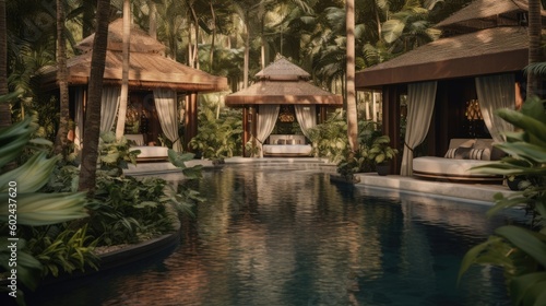 A luxurious day spa with a tranquil pool, private cabanas, and lush tropical plants. Generative ai