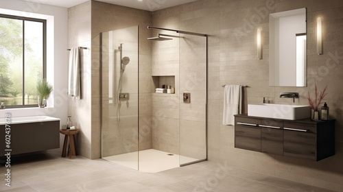 A luxurious walk-in shower with rainfall showerhead and glass enclosure. Generative ai