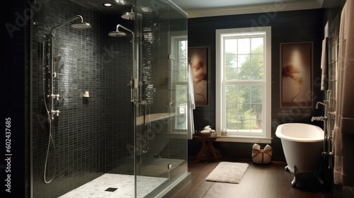A luxurious walk-in shower with a rainfall showerhead and glass enclosure. Generative ai