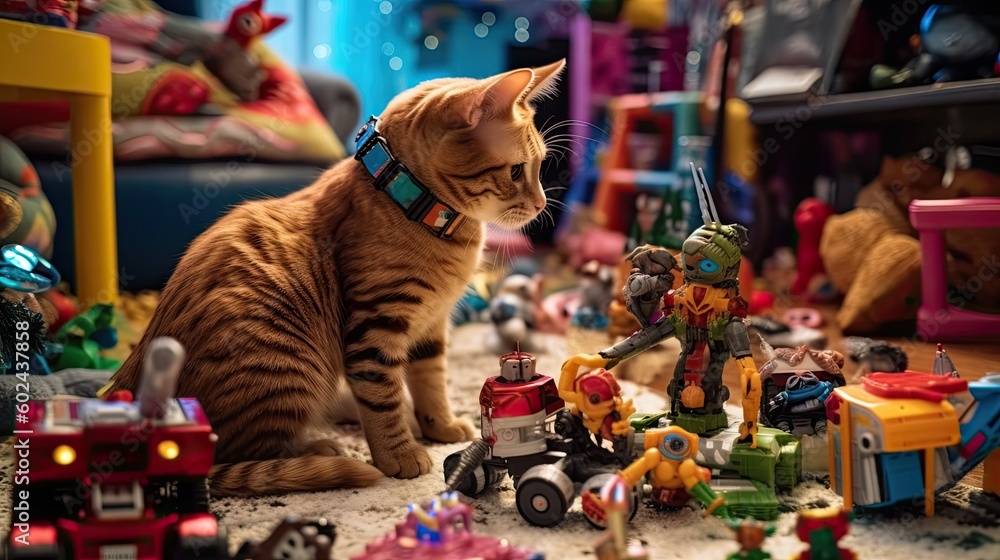 A robotic toy dog playing with a real cat in a living room, surrounded by colorful toys and games. Generative ai