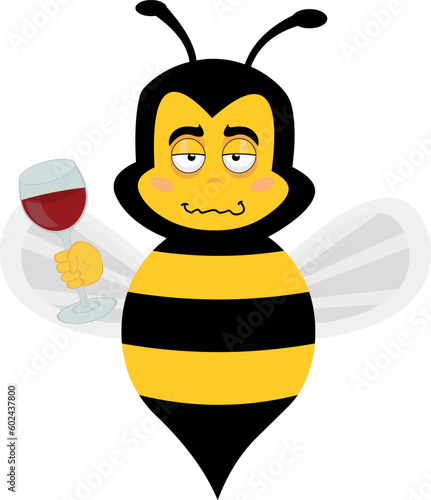 vector illustration of drunk cartoon bee with a glass of wine in hand