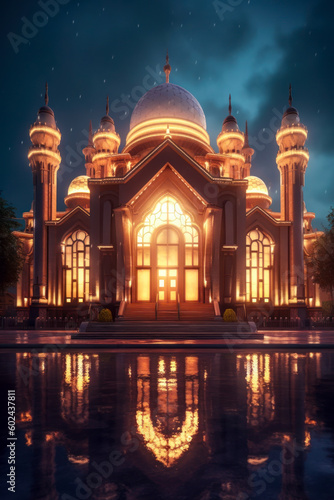Islamic architecture exterior, night, mosque. Generative AI