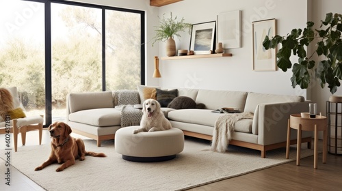 A pet-friendly living room with durable furniture, pet beds, and toys. Generative ai