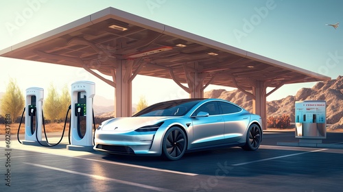A sleek and futuristic electric car charging at a solar-powered charging station. Generative ai © Sechaba