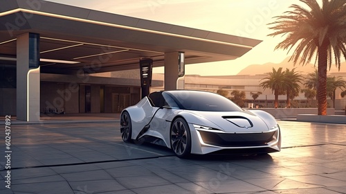 A sleek and futuristic electric car charging at a solar-powered charging station. Generative ai