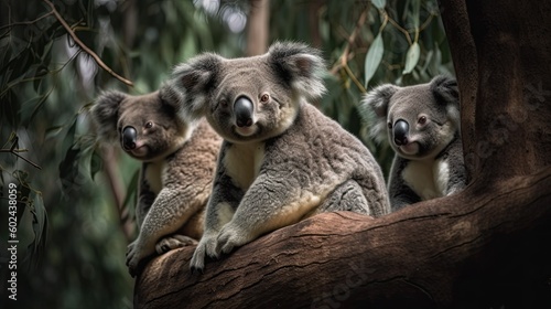 Cuteness Defined: A Pair of Australian Koala Bears in Love on a Eucalyptus Tree Branch: Generative AI