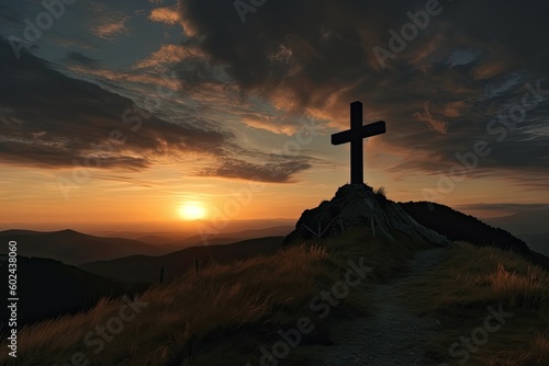 A Symbol of Faith: A Cross Silhouetted Against a Mountain Sunset, From God To Jesus Christ To The Church: Generative AI © AIGen