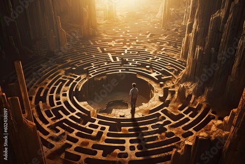 Lost in the Labyrinth: A Concept Fantasy Illustration Showing a Man Standing in an Ancient Amphitheatre Maze. Generative AI