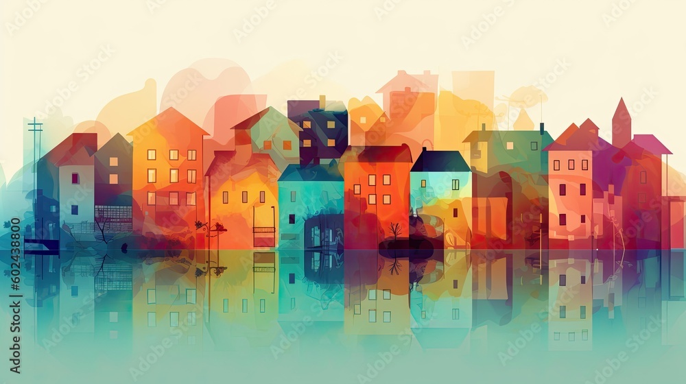 Painted colorful houses reflected in the lake with a slight psychedelic touch.