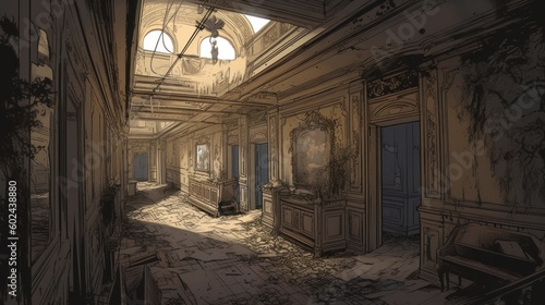 creepy interior of an abandoned building background, concept art, digital illustration, haunted house, scary interior, Generative AI