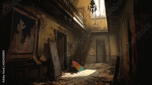 creepy interior of an abandoned building background, concept art, digital illustration, haunted house, scary interior, Generative AI