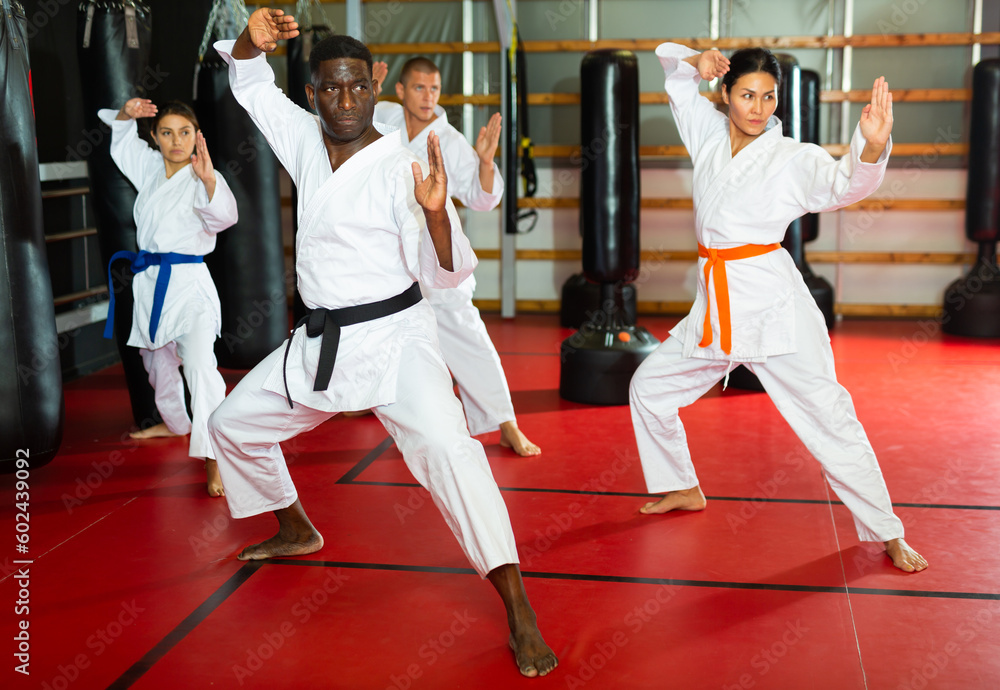 Multiracial group of men and women in kimono performing kata in gym during training.