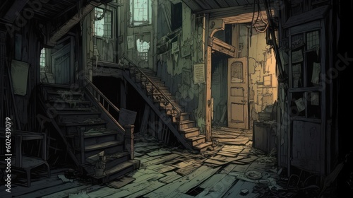 creepy interior of an abandoned building background  concept art  digital illustration  haunted house  scary interior  Generative AI