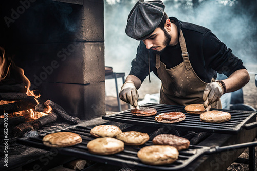 Young man grilling burgers on a large barbecue grill, generative ai